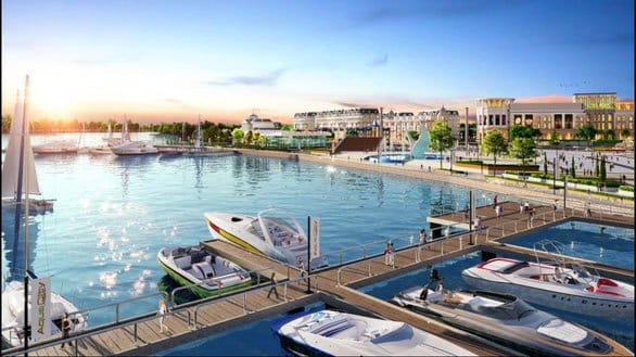 Phối cảnh tổ hợp quảng trường bến du thuyền Aqua Marina tại đô thị sinh thái thông minh Aqua City.