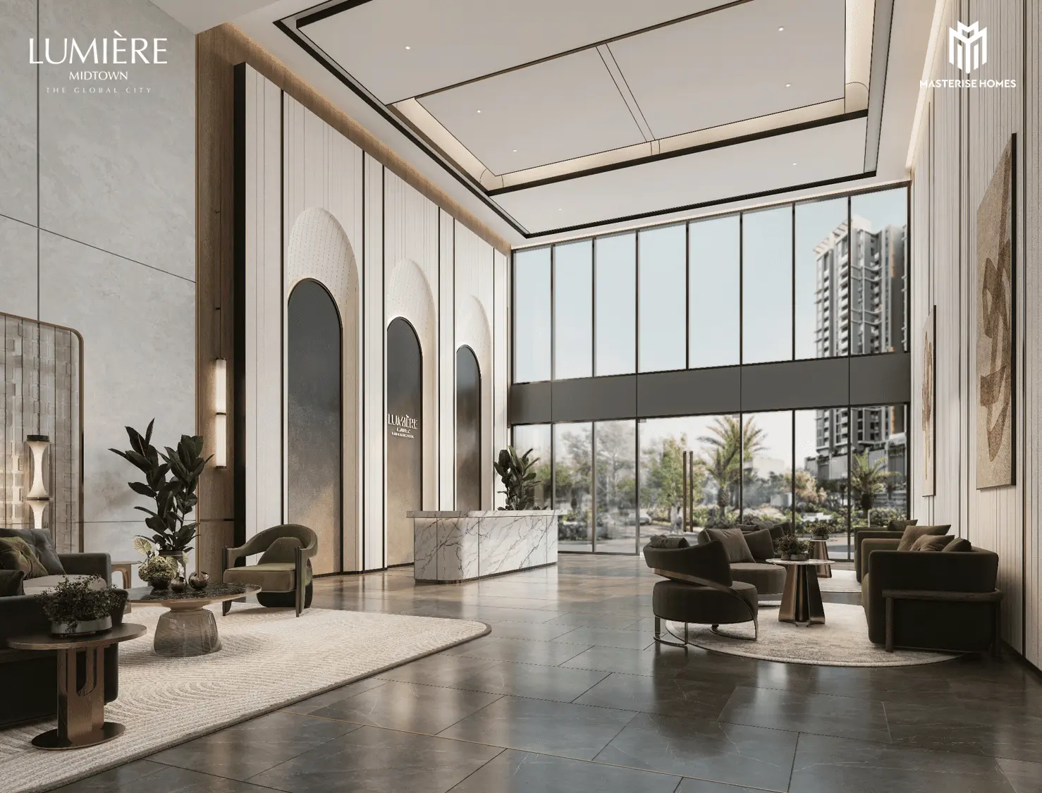 Không gian sảnh đón khách sang trọng tại LUMIÈRE Midtown, trung tâm phồn hoa mới tại TP.HCM.