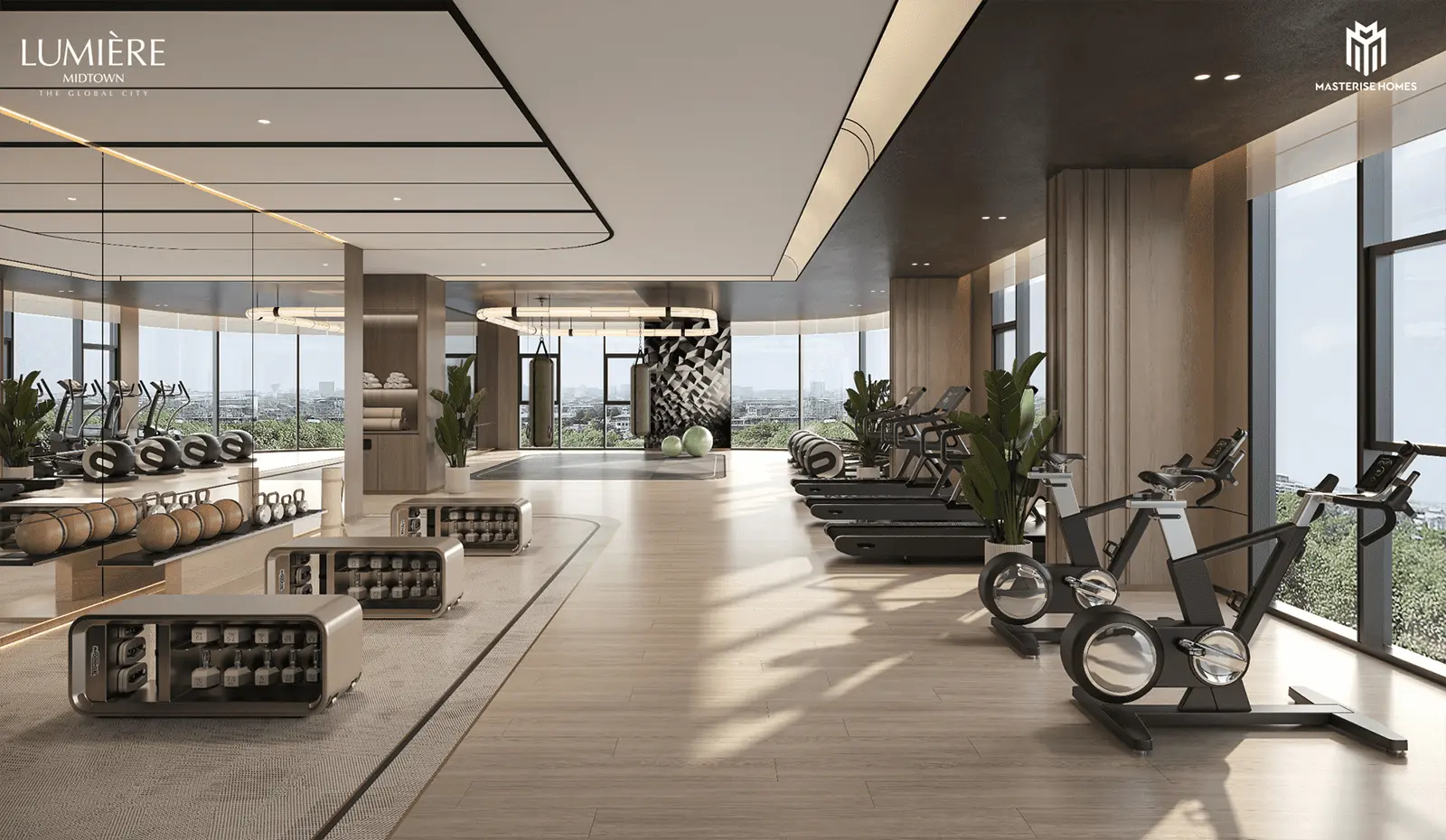 Phòng Gym hiện đại tại LUMIÈRE Midtown, nơi hội tụ tiện ích đẳng cấp và không gian sống sang trọng.