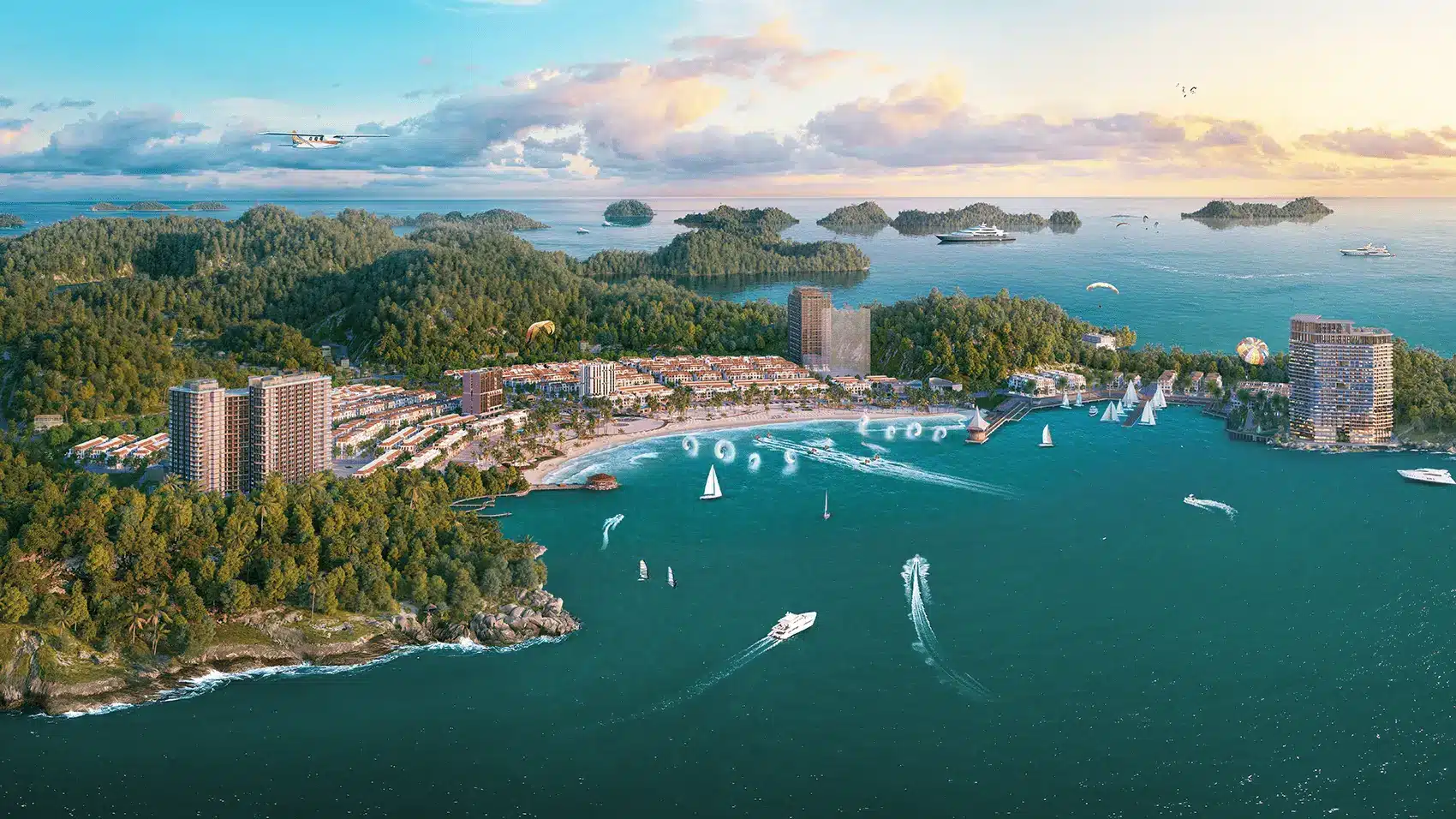 Toàn cảnh khu du lịch Xanh Island Cát Bà với bãi tắm nhân tạo và cảnh quan độc đáo.