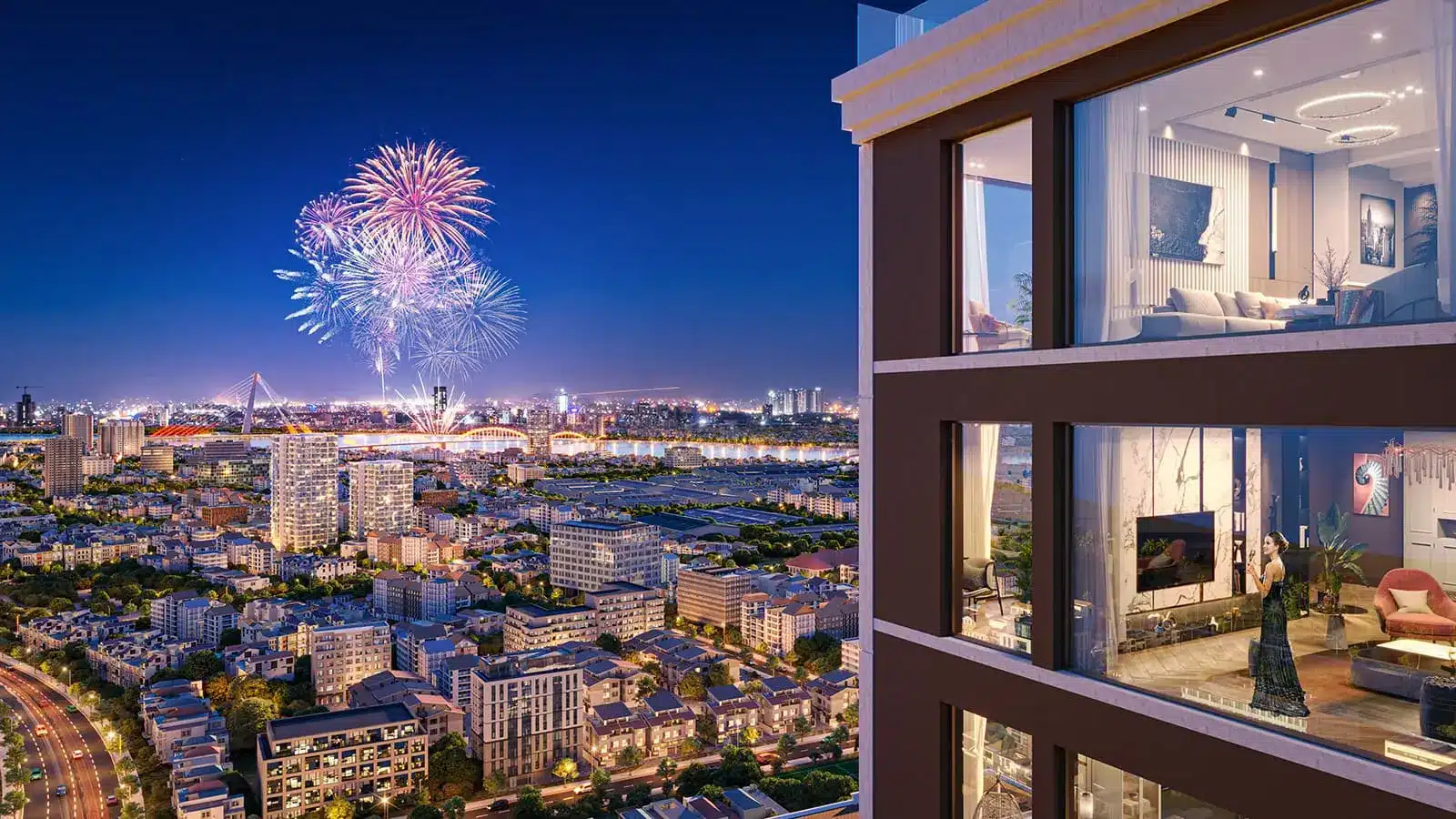 View pháo hoa quốc tế DIFF từ ban công căn hộ Sun Costa Residences Đà Nẵng.