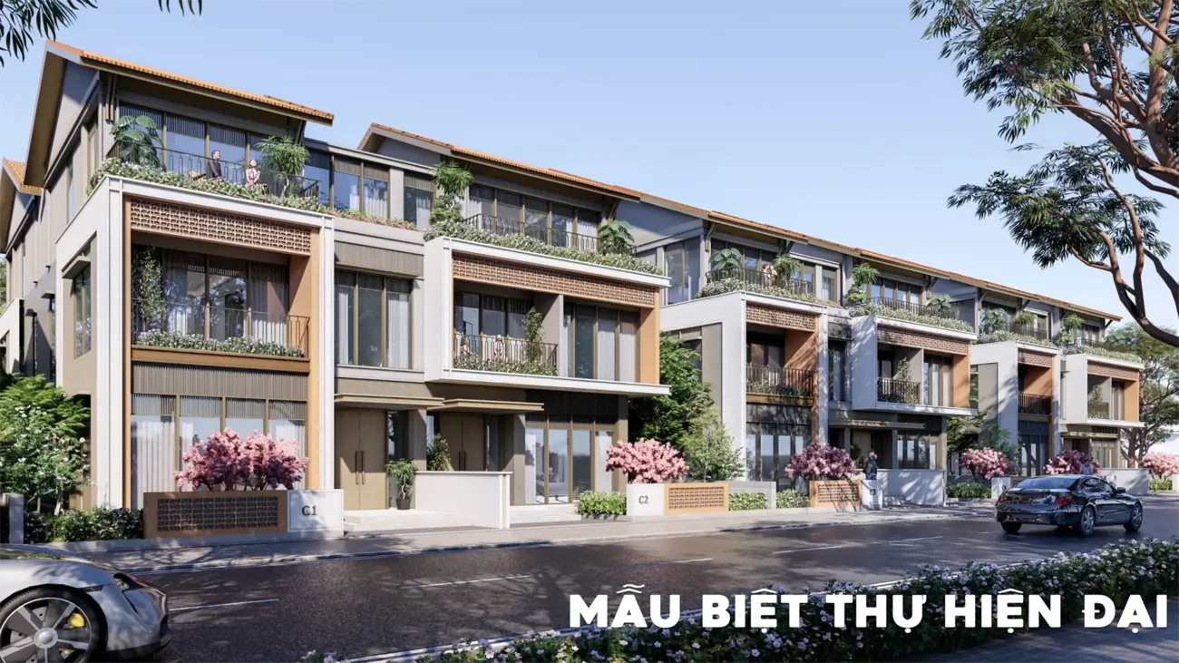 Mẫu biệt thự hiện đại với thiết kế sang trọng và cảnh quan xanh mát.